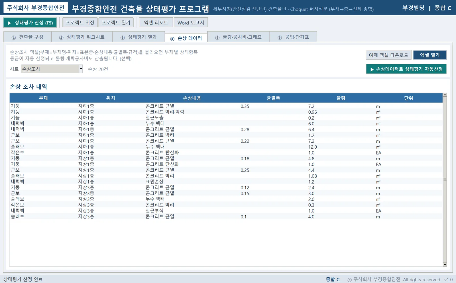 ④ 손상 데이터 — 불러온 손상조사 목록과 「손상데이터로 상태평가 자동산정」 실행