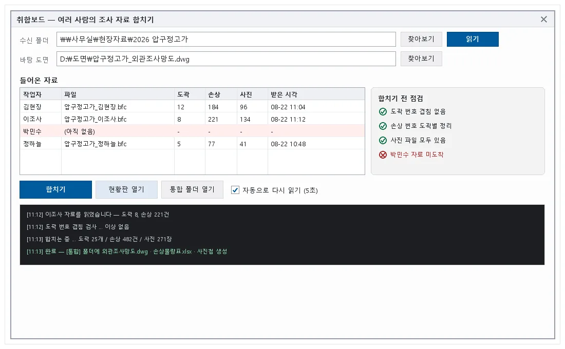 수신 폴더의 자료가 작업자별로 보인다 — 안 온 사람은 붉게 표시