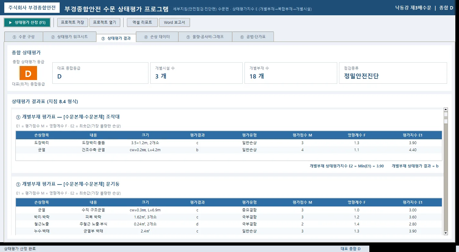 ③ 상태평가 결과 — 손상별 M·F·E1과 개별부재 E2 = Min(E1)을 산정 근거와 함께 표시