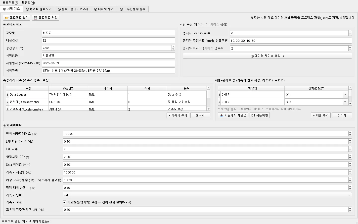 시험 개요 탭 — 프로젝트 정보 · 측정기기 목록 · 채널–위치(DT) 매핑 · 분석 파라미터