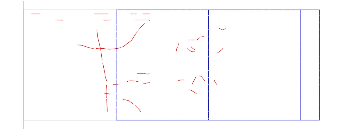 손상현황도 DXF — 평면부 적색 균열 · 청색 러팅 구간 · 조사영역 · 측점선