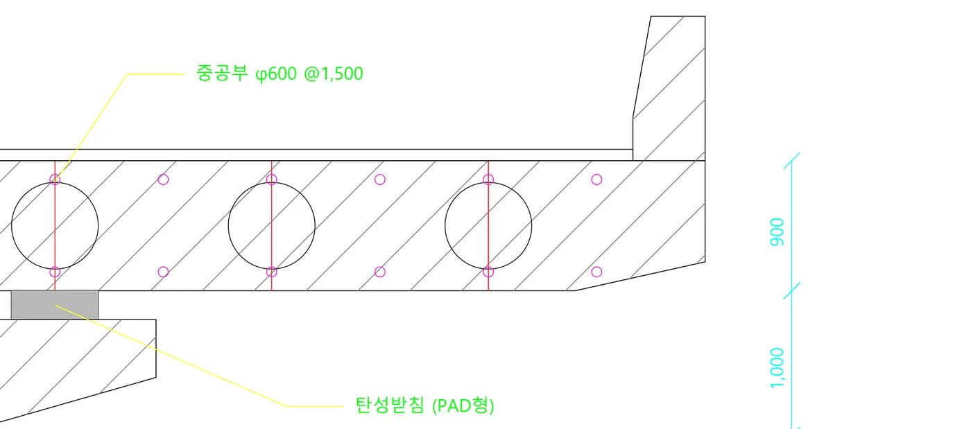 동일 영역 확대 비교 — φ600 중공부 원이 CIRCLE 엔티티로 복원, 한글 인출선·회전 치수문자·해치 유지