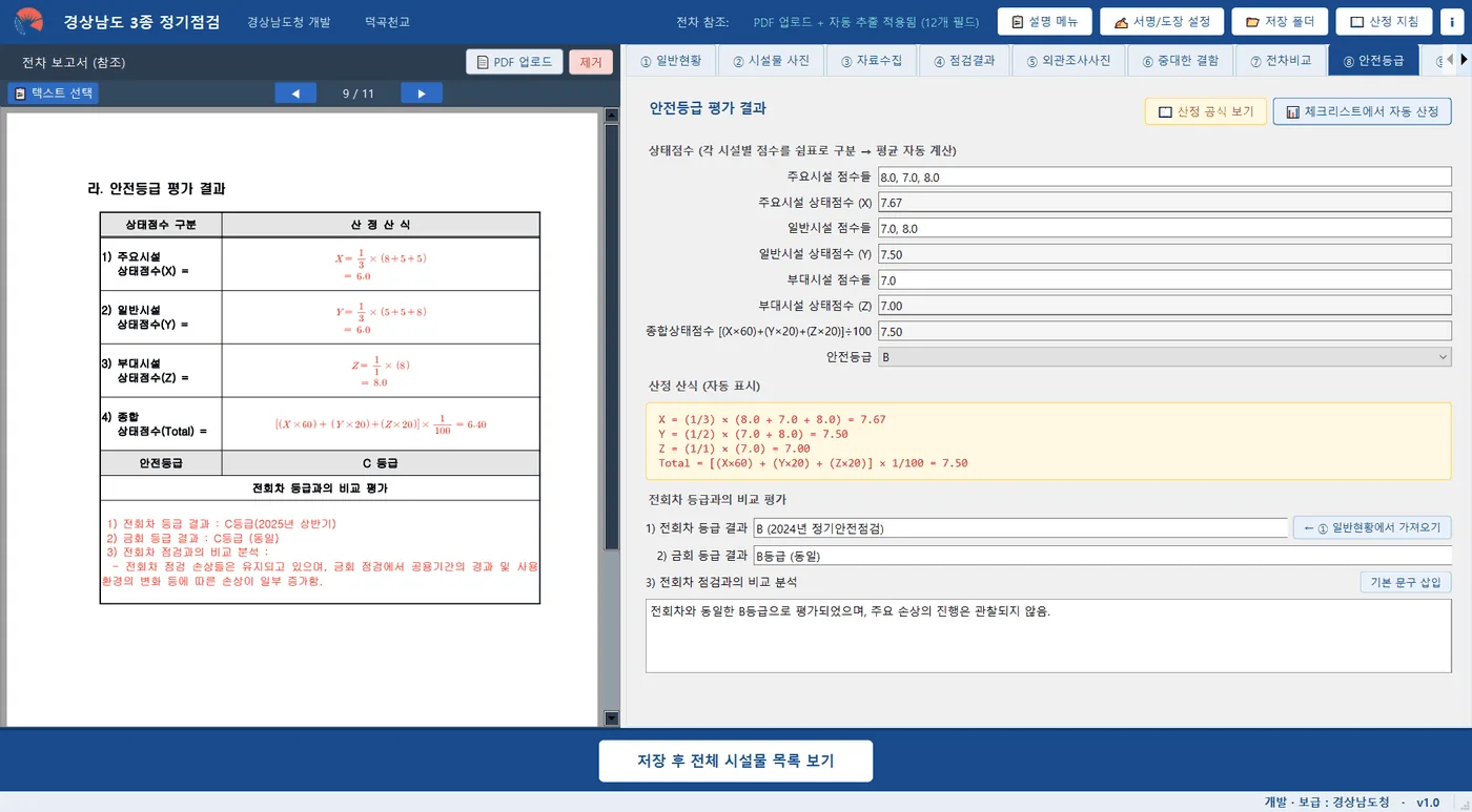 ⑧ 안전등급 — 상태점수 X·Y·Z와 종합점수, 적용된 산정 산식이 함께 표시된 화면