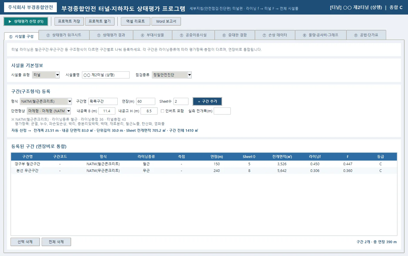 ① 시설물 구성 — 구조형식별 구간 등록과 단면 제원 → 전개폭·Sheet 전개면적 즉시 계산, 구간별 f·F·등급 표시