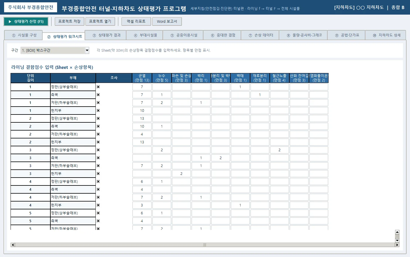 지하차도 부재별 워크시트 — 단위길이 × 부재(정판·측벽·저판·헌치) 전개, 조사불가 체크