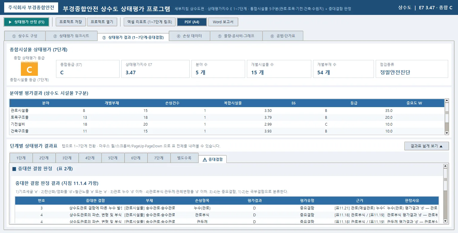 중대결함 탭 — 판정 결함별 근거 표 번호와 판정사유, 통보 대상 표기